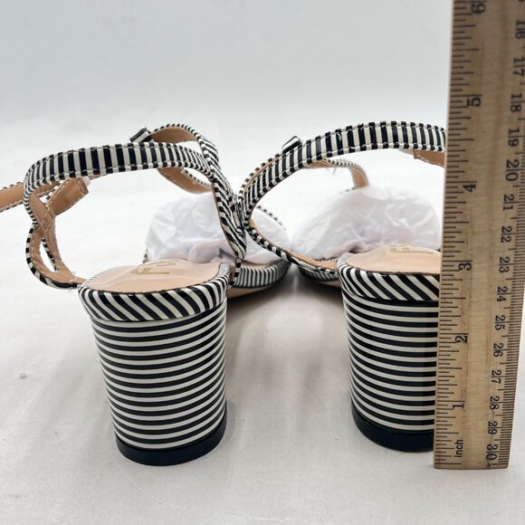 FSJ Black and White Stripe T Strap Block Heel Sandals - Picture 5 of 8